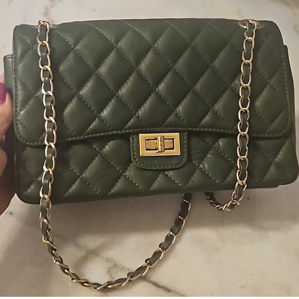 Italian Quilted Leather Forest Green Shoulder Bag with Gold Leather Strap